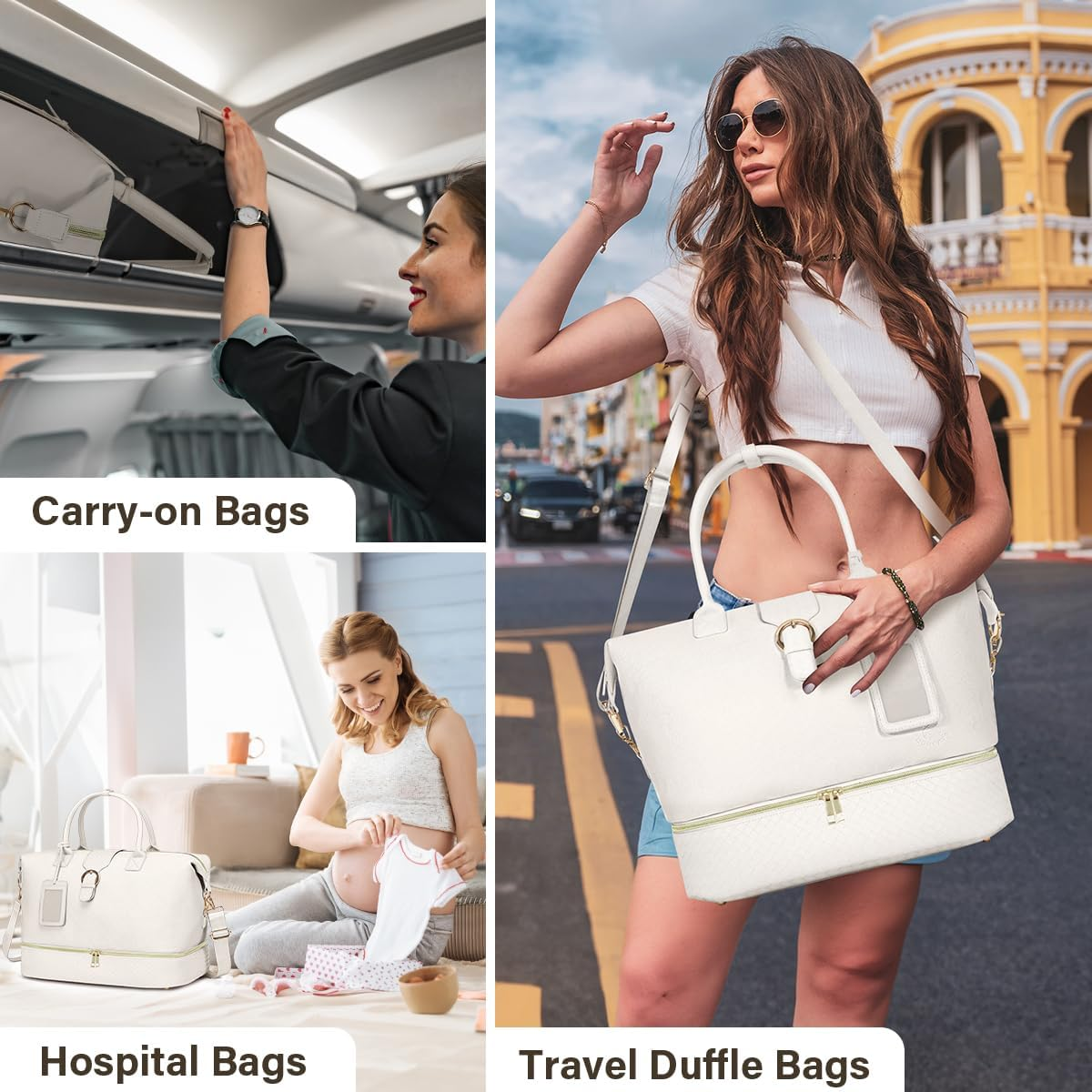 Travel Weekender Bags for Women, PU Leather Overnight Tote Duffle Bag with Shoe Compartment & Toiletry Bags