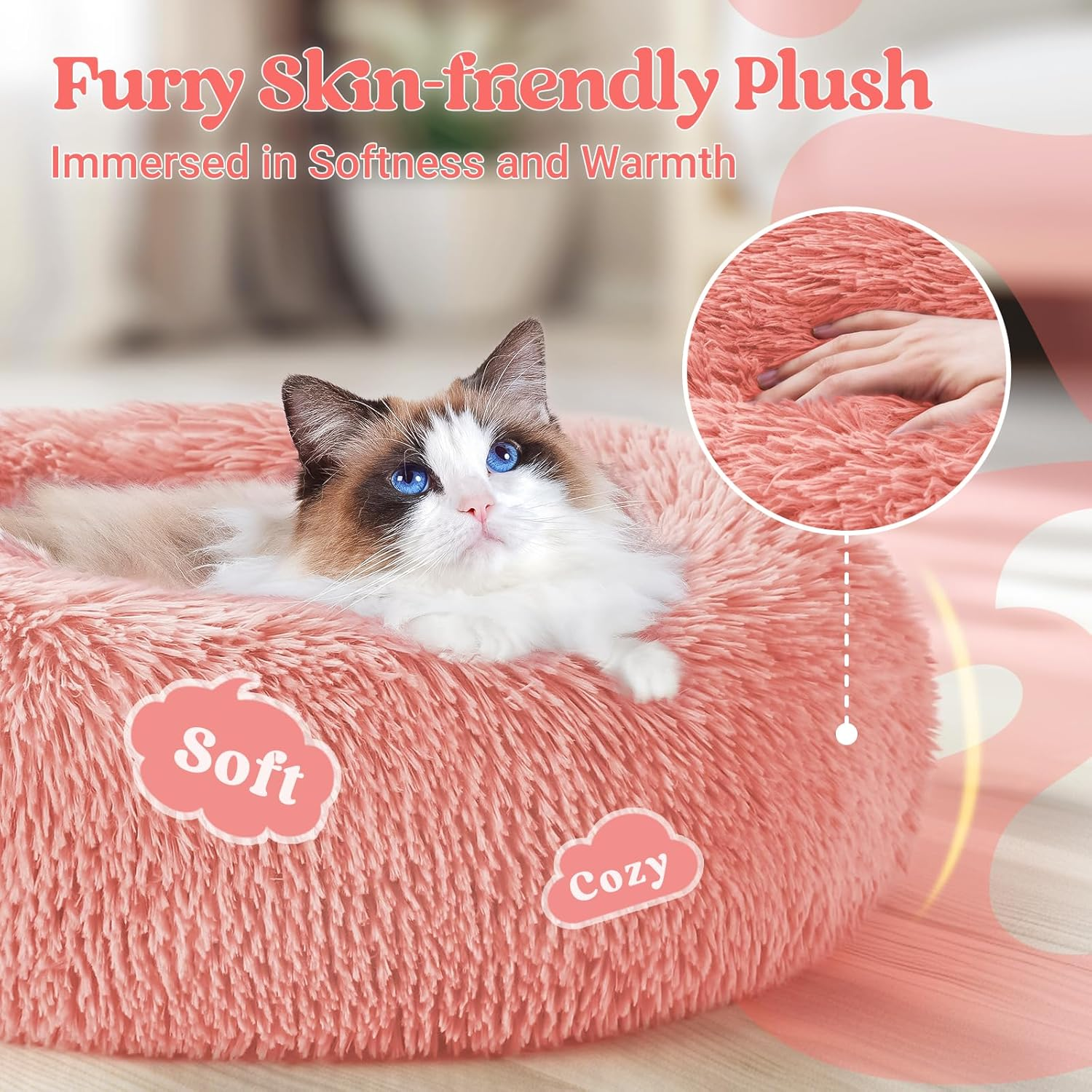 Rabbitgoo Cat Beds for Indoor Cats, 20 Inches Cat Bed Machine Washable, Fluffy round Pet Bed Non-Slip, Calming Soft Plush Donut Cuddler Cushion Self Warming for Small Dogs Kittens, Light Pink, Medium image number 5