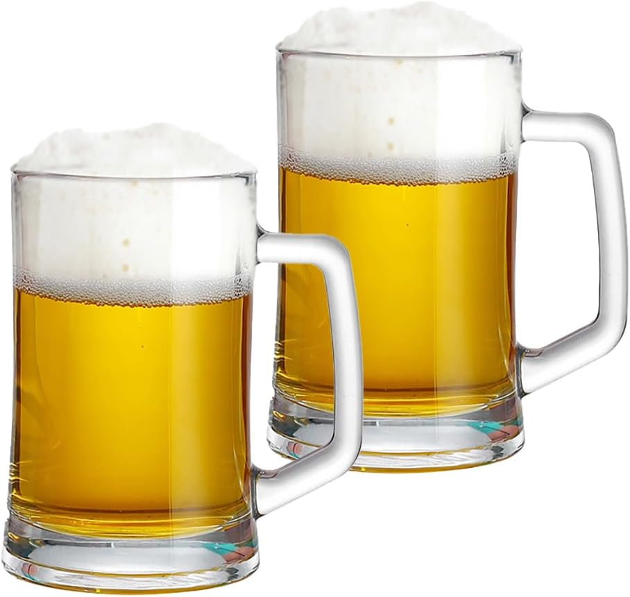 2 Pack Large Glass Beer Cups,570Ml Glass Beer Mug with Handle,Beer Mugs Set,Beer Glasses for Freezer for Freezer, Bar, Cocktail, Alcohol, Beverages