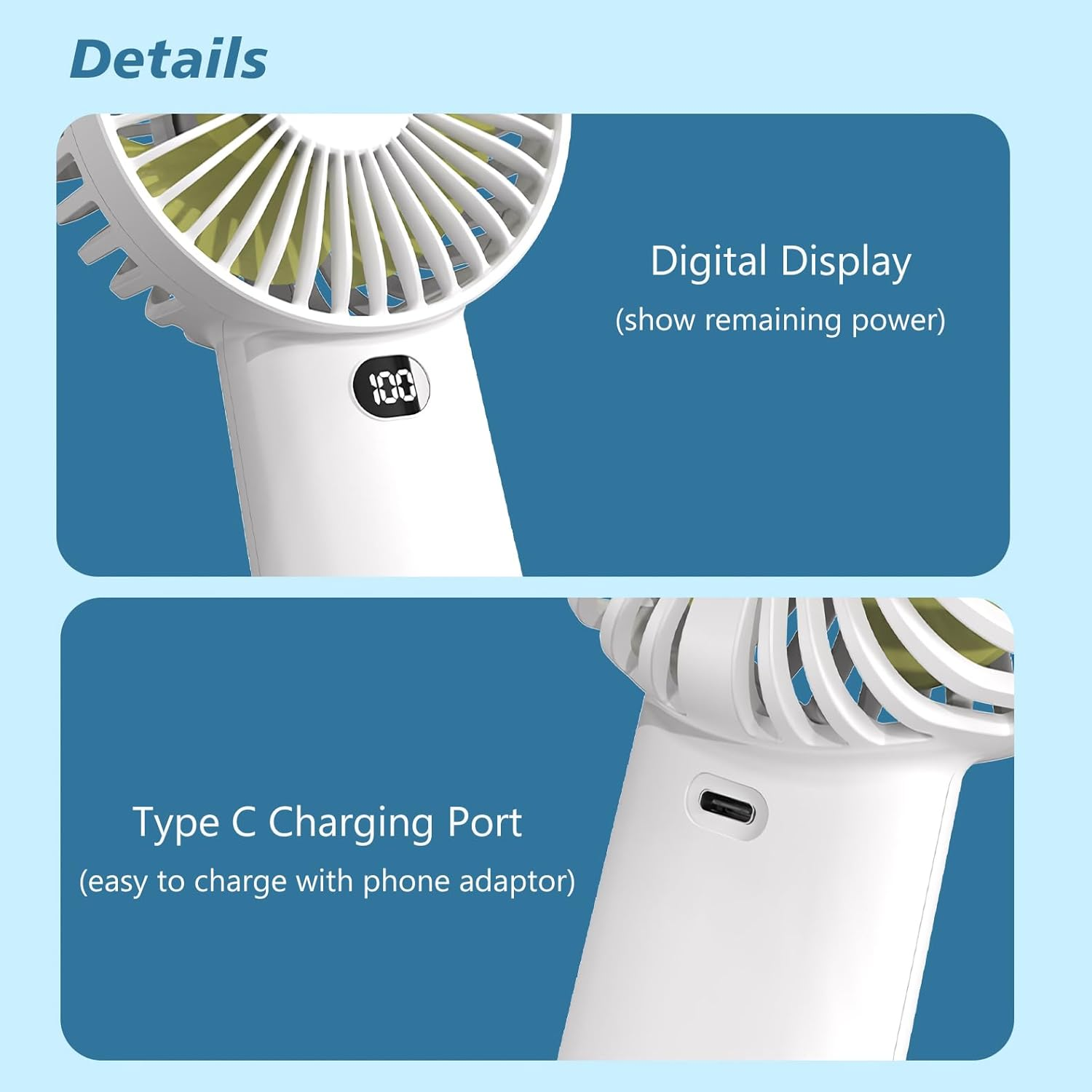 RUPEWA Rechargeable Handheld Fan, 4000Mah Battery & 5 Speed Settings, Portable Personal Fan for Outdoor, Travel, Office, Home, Camping, Beach Use