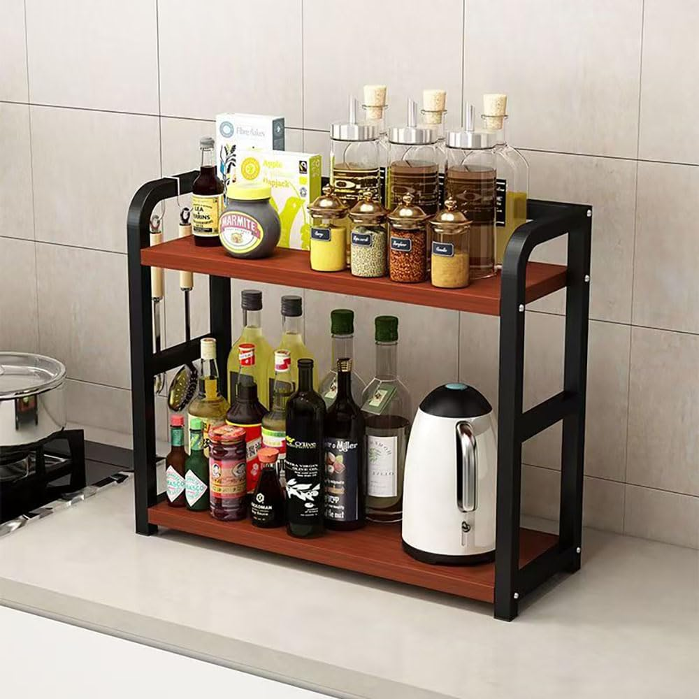 Hbluefat Countertop Shelf Organizer, 2 Tier Kitchen Spice Rack, Dresser Tabletop Perfume Cosmetics Display Shelf, Wood Desktop Shelf Storage for Home Office (Teak+Black)