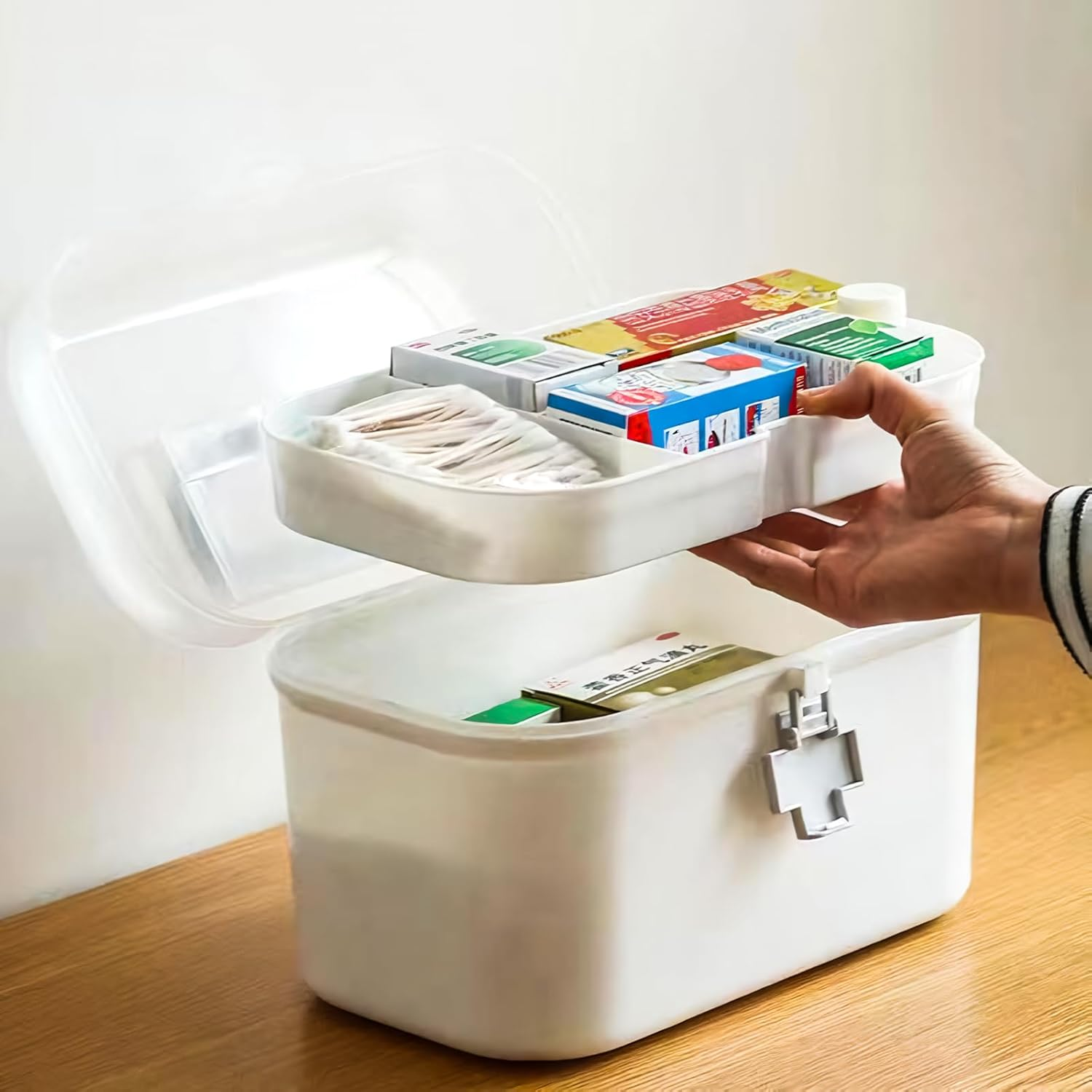 2 Layers Plastic First Aid Box with Portable Handle,Emergency Medicine Kit Case Organizer for Family,Empty Medicine Box for Home Large Capacity Medicine Storage Bins with Lid（15 * 18 * 26Cm） image number 1