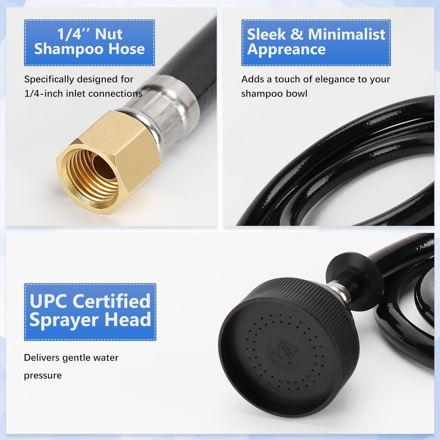 ZKDAUSDO 2 Pack UPC Certified Salon Shampoo Bowl Sprayer Head Hose Kit - 1/4" Thread to Attach Shampoo Bowl Faucet for Barber Shop Spa, Black Rubber Salon Sink Shampoo Bowl Hose Replacement Part