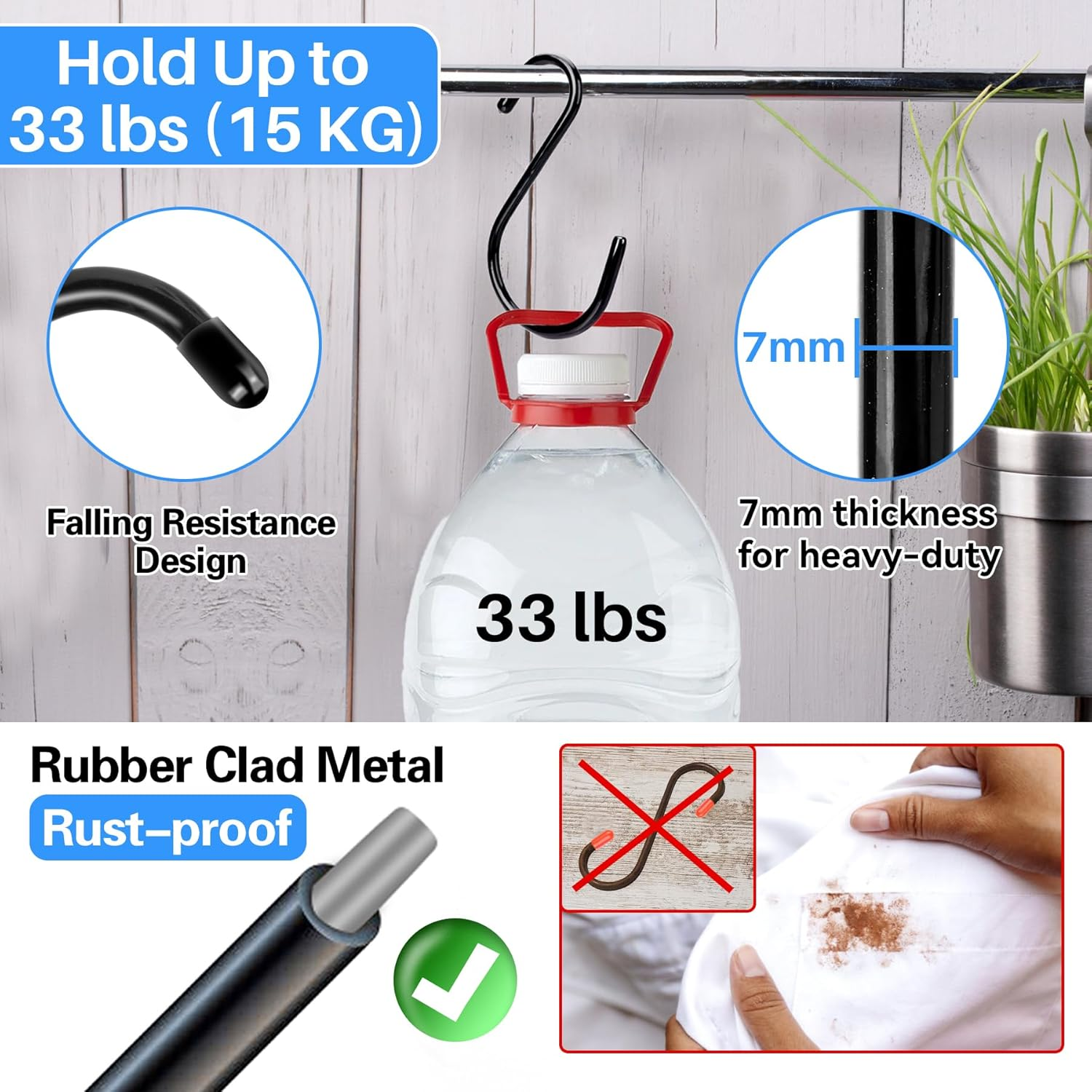 Antimbee 12 Pack Heavy Duty S Hooks, 5.5 Inch Large S Hooks, S Hook Hanger with Rubber Coated, Black S Shaped Hook for Hanging Plants, Banana, Clothes, Bags,Towels, Kitchen Utensil