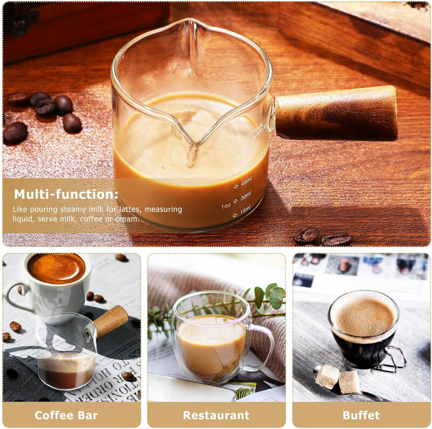 Toyvian 2Pcs Glass Latte Art Pitcher with Clear Scale and Handle Coffee Syrup Measuring Cup for Espresso Milk Frothing and Latte Pouring Thick Glass for Home and Cafe Use image number 4