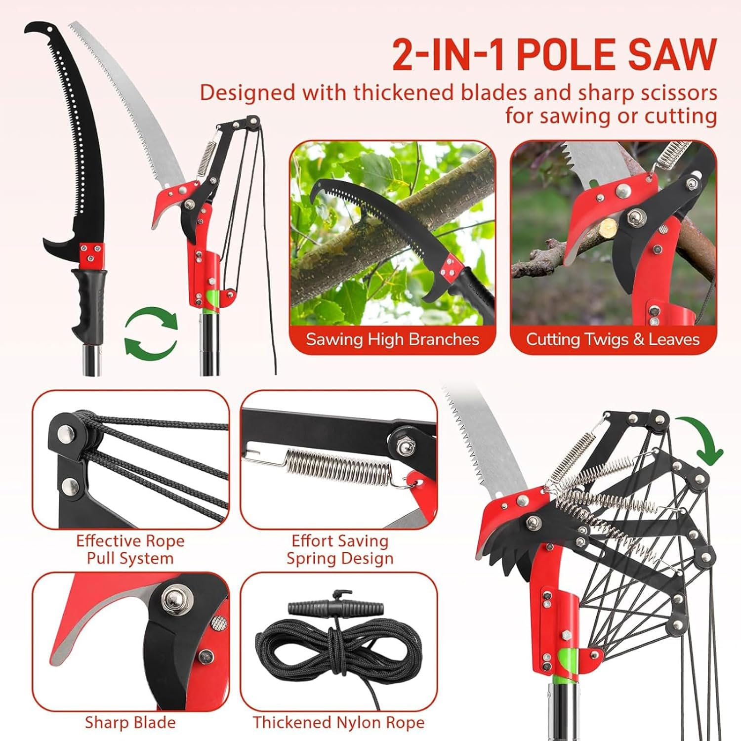 Homodoskey Manual Pole Saw, 9M Extendable Tree Pruner, High Branch Trimmer with Lightweight Fiberglass Handles, Garden Tools with Storage Bag, for Pruning Palms and Shrubs image number 5