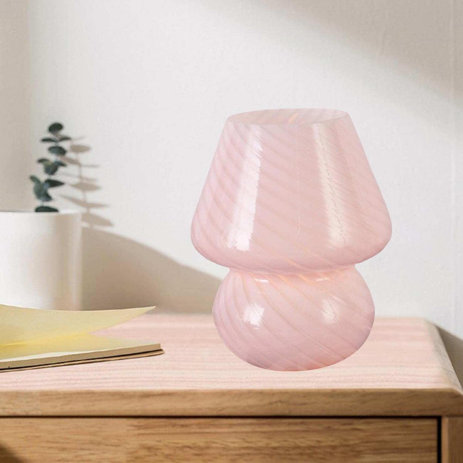Baoblaze Glass Mushroom Bedside Table Lamp, Vintage Style Striped Small Nightstand Light for Home Decor, Living, Bedroom, Gift, Pink, 2 Colors Light image number 6