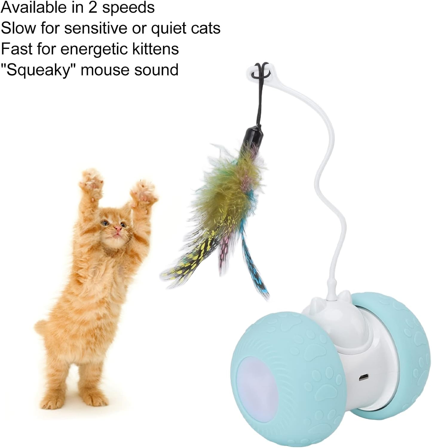 Interactive Cat Toys, Electric Squeaky Rolling Ball USB Rechargeable Smart Automatic Kitten Toys with LED Lighting, Automatic Moving Cat Ball Toys with Feathers for Indoor Cats image number 4