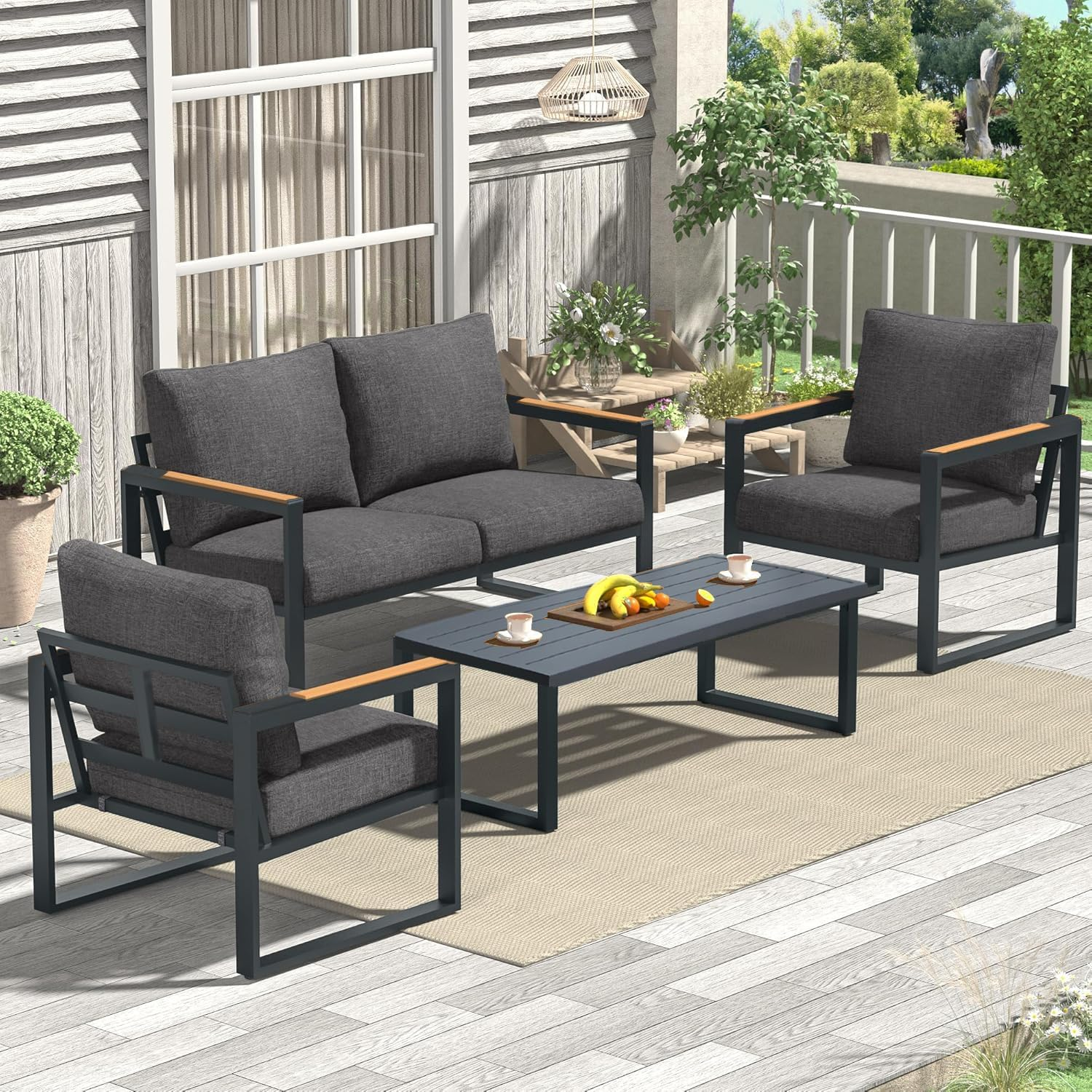 Patio Furniture Set 2 Seater Outdoor Sofa with Coffee Table, Aluminium 2 Piece Lounge Sectional Patio Conversation Sets with Washable Thick Cushion for Porch, Balcony, Garden