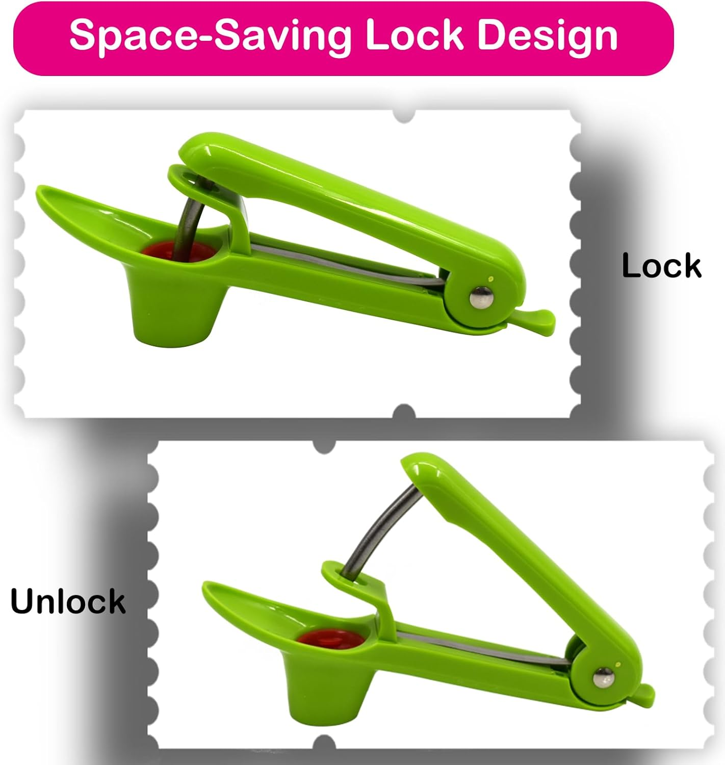 Cherry Pitter Tool, Olive Pitter and Fruit Pit Corer Remover Tool, Portable Kitchen Tool with Space-Saving Lock Design for Making Jam (Green)