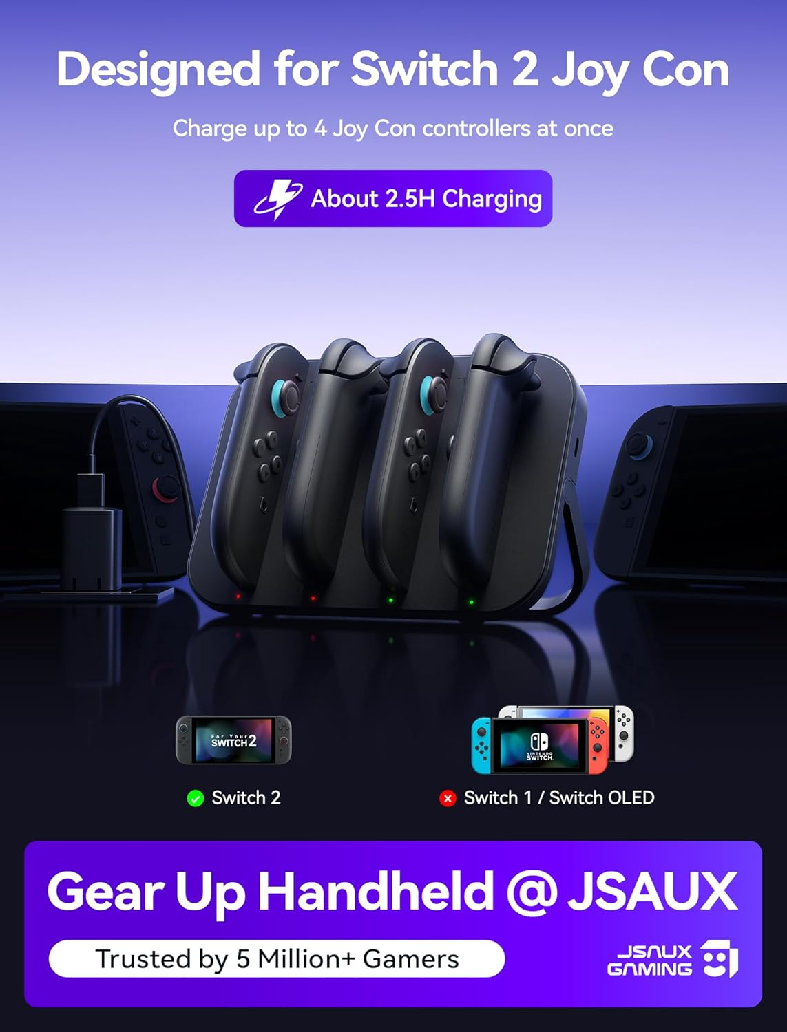 JSAUX Charging Dock Compatible with Nintendo Switch 2 Joycon Controllers, 4-In-1 Magnetic Charger Station with Adjustable Stand & LED Indicator, Switch 2 Joycon Charger with 4.9FT USB C Cable image number 4