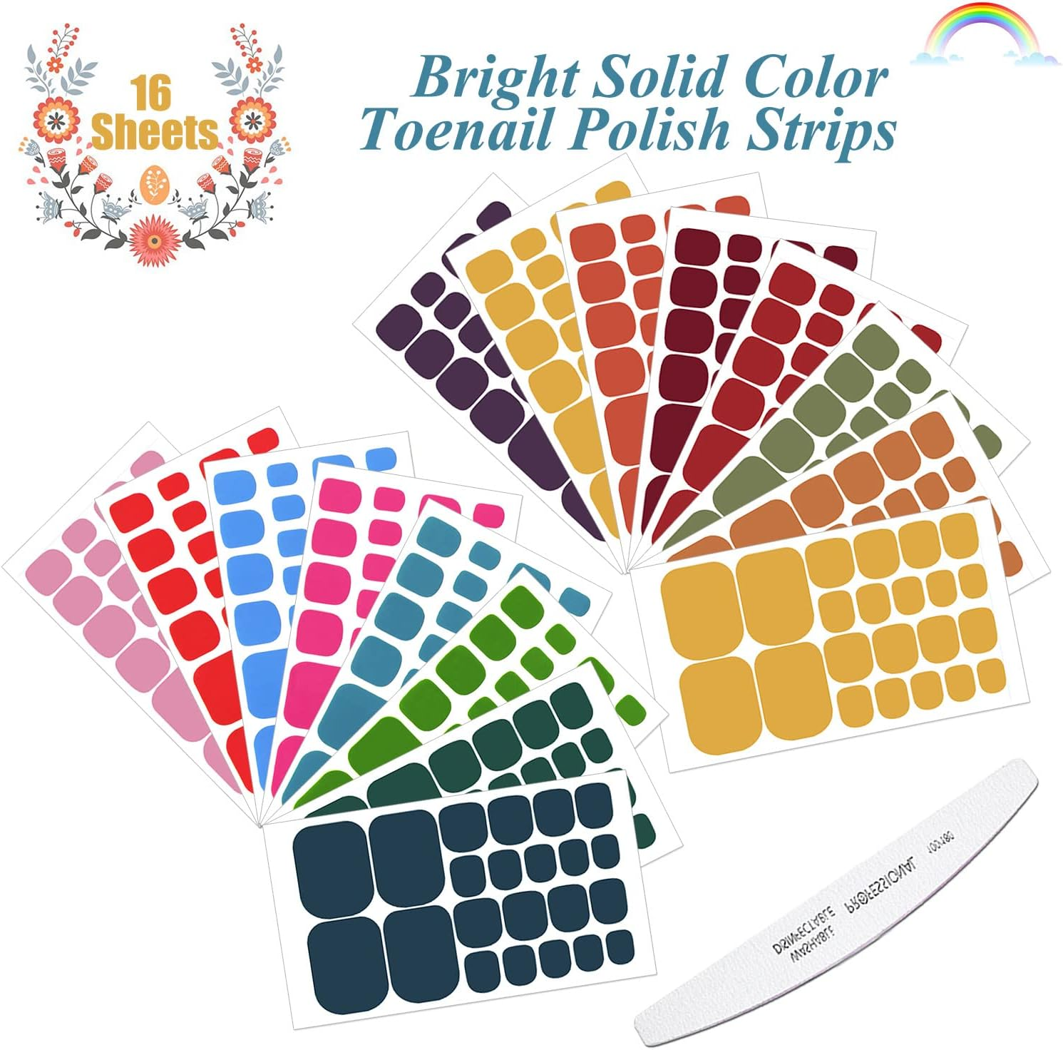 JERCLITY 352 Pieces 16 Sheets Solid Color Toenail Polish Strips Stickers Self Adhesive Bright Color Toenail Full Wraps Full Nail Stickers Nail Art Decal Strips with Nail File for Women Girls - Dark Color image number 2
