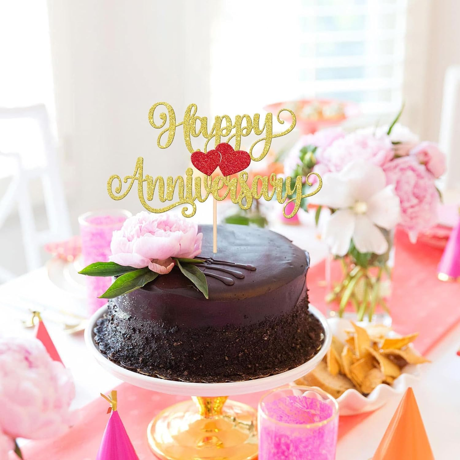 SYKYCTCY 1 Pack Happy Anniversary Cake Topper Glitter Heart Wedding Anniversary Cake Pick Wedding Anniversary Cake Decorations Kids Birthday Party Cake Decorations Supplies (Gold) - Gold image number 5