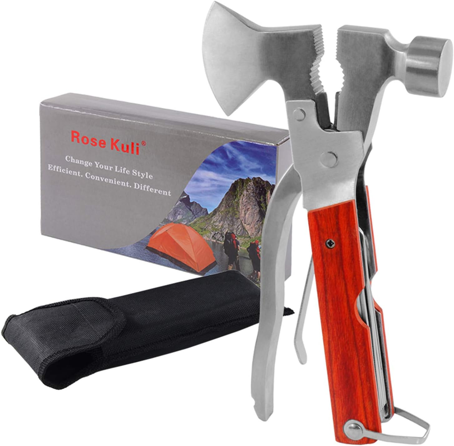 Rose Kuli 7'' Portable Multipurpose Multitool Multifunctional Pocket Mini Tools with Axe Hammer Plier Set Wooden Handle image number 1