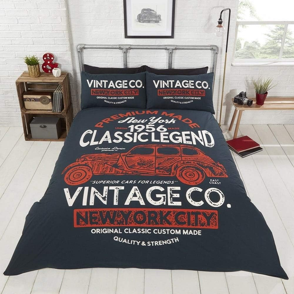 Rapport Reversible 2 Sided Classic Vintage Car American New York Duvte Cover Bedding Set, Multi, King image number 1