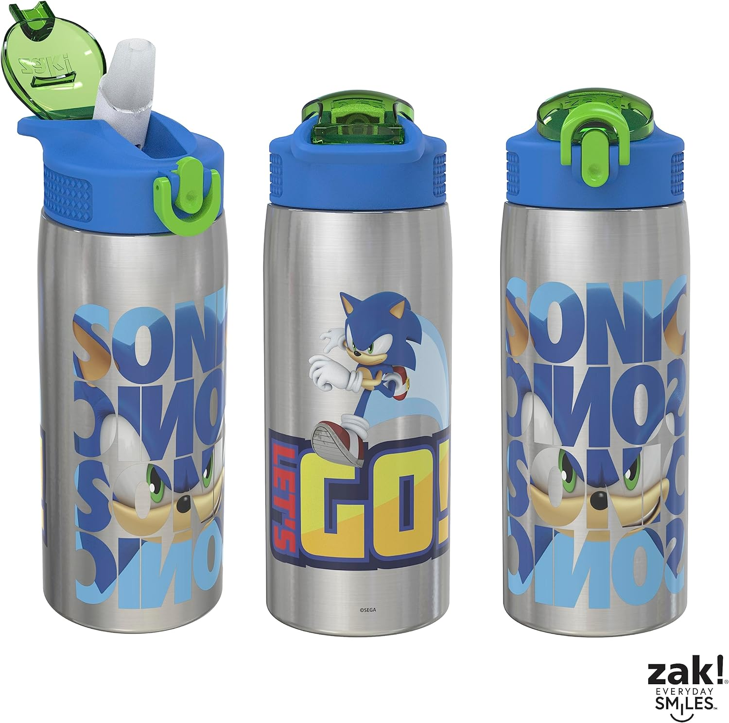 Zak Designs Sonic the Hedgehog Water Bottle for Travel and at Home, 19 Oz Vacuum Insulated Stainless Steel with Locking Spout Cover, Built-In Carrying Loop, Leak-Proof Design (Sonic) image number 2