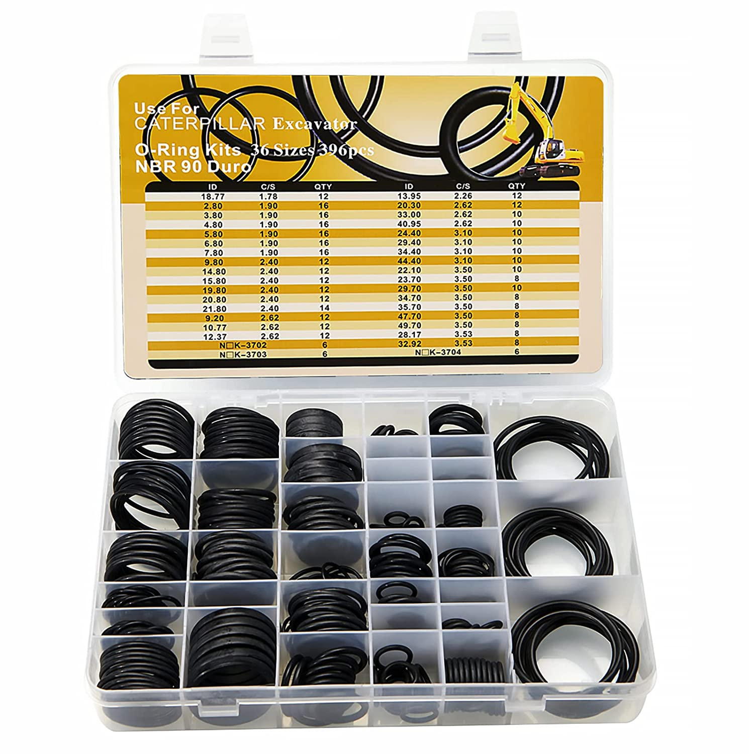 396 PCS Nitrile 90 Duro O-Ring Kit for Hydraulic Pipe Pump, Caterpillar Excavator, Black, 37Mm, Kit of 1 image number 3