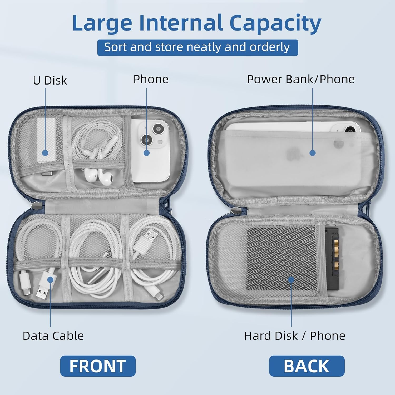 Beownest Travel Electronic Organizer Bag 21X14X5Cm, 2-Layer Waterproof Tech Organizer with USB Ports & Cable Management for Power Bank, Laptop Adapter, Phone, Earbuds (Navy) image number 4