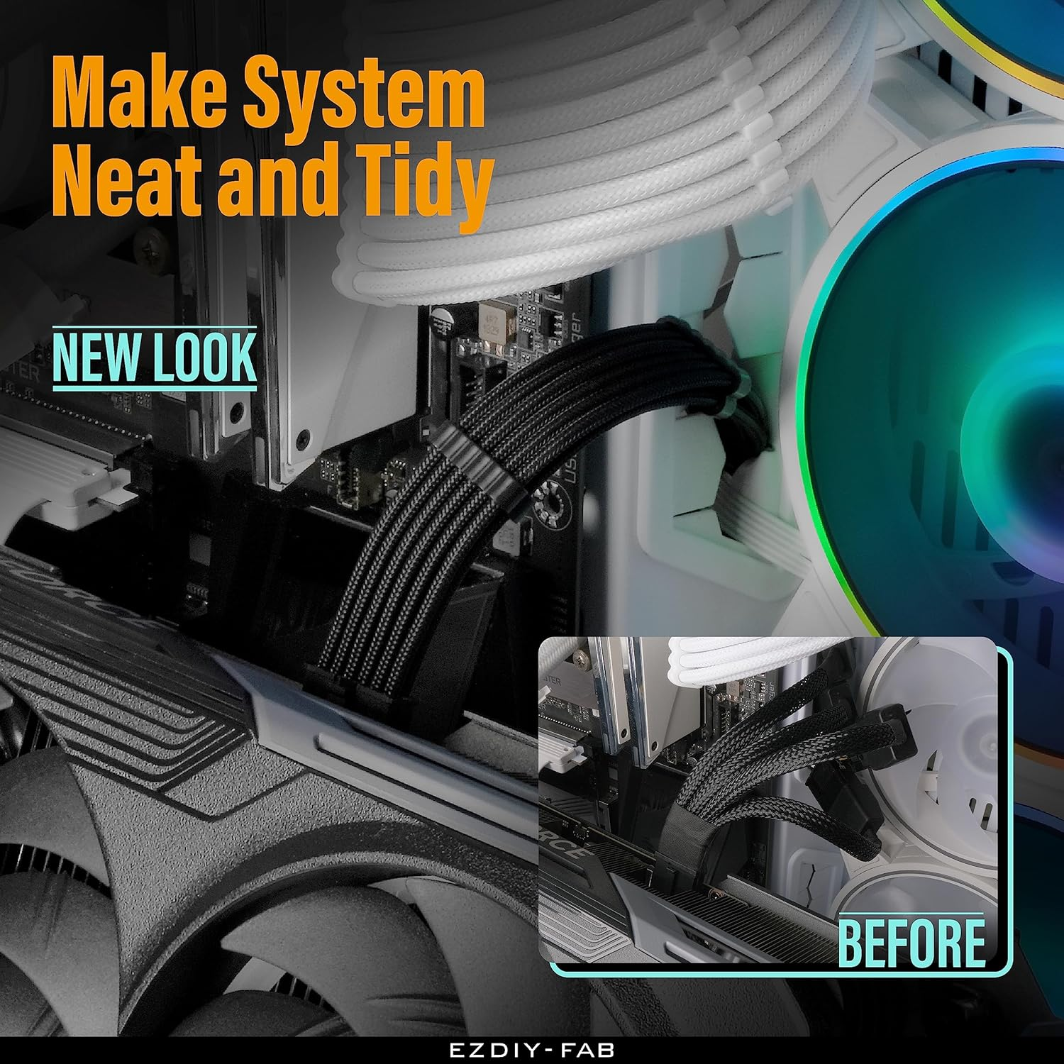 EZDIY-FAB GPU Power Sleeved Cable Extension, 16Pin(12+4) 12VHPWR Pcie 5.0 Connector Male to Female for RTX 5080, 5070, 4090, 4080, 4070, with Cable Combs-16Awg/Black - Black image number 6