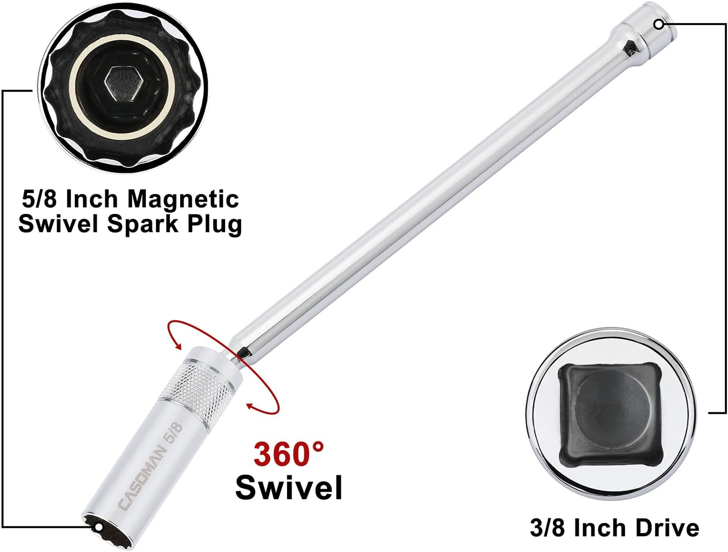CASOMAN 6PCS 3/8-Inch Drive Magnetic Swivel Spark Plug Socket Set, Include 9/16-Inch, 5/8-Inch, 13/16-Inch, 14Mm Socket, Length: 4-Inch, 6-Inch, 11-Inch, 12-Point, CR-V image number 4