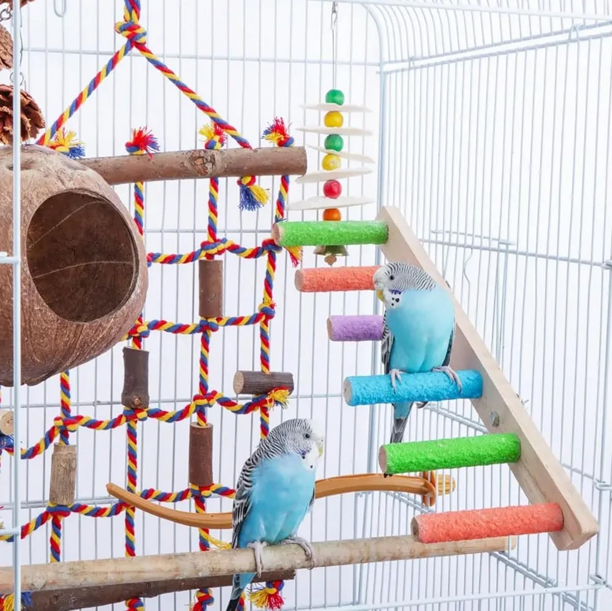 Bird Ladder Stand Interactive Frosted Stand Parakeet Toys for Parrots Birds Nature Wood Bird Perch for Cage image number 4