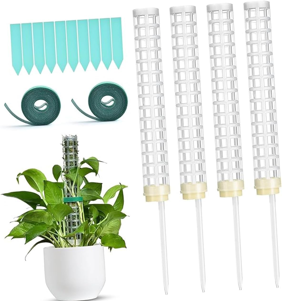 4-Piece Stackable Moss Pole Plant Support with Green Mesh Climbing Stakes for Indoor Plants, Potted Plant Climbing Aid, Moss Pole for Monstera, Ivy, Pothos and Other Climbing Plants