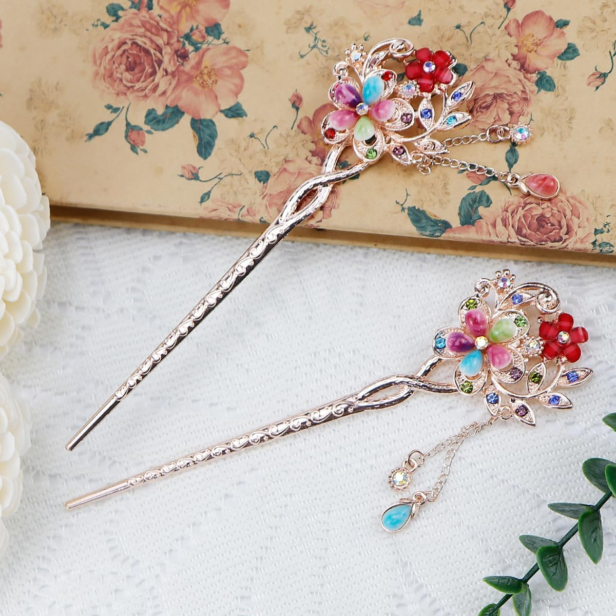 LNQ LUNIQI Chinese Hair Sticks Gold, Pack of 2 Vintage Hair Sticks with Pendant, Elegant Hair Stick with Rhinestones for Decorative Hair, Solid Hairstyle, 15 Cm image number 1
