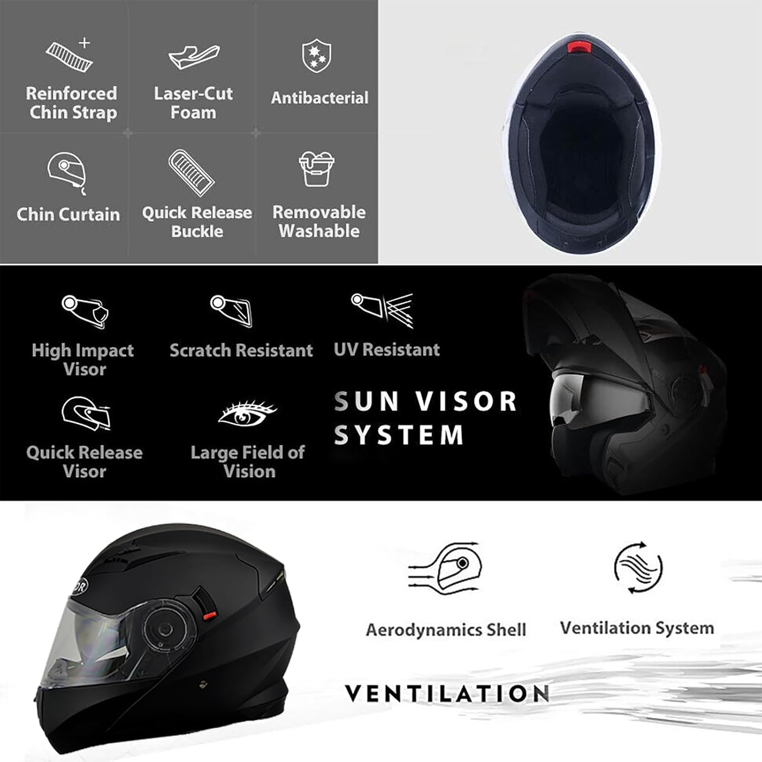 TDR Black Flip up Full-Face Modular Motorcycle Helmet Dual Visor Sun Shield ECE 22.06 Approved ABS EPS Air Vents Street Bike ATV Motocross Adventure Touring image number 2