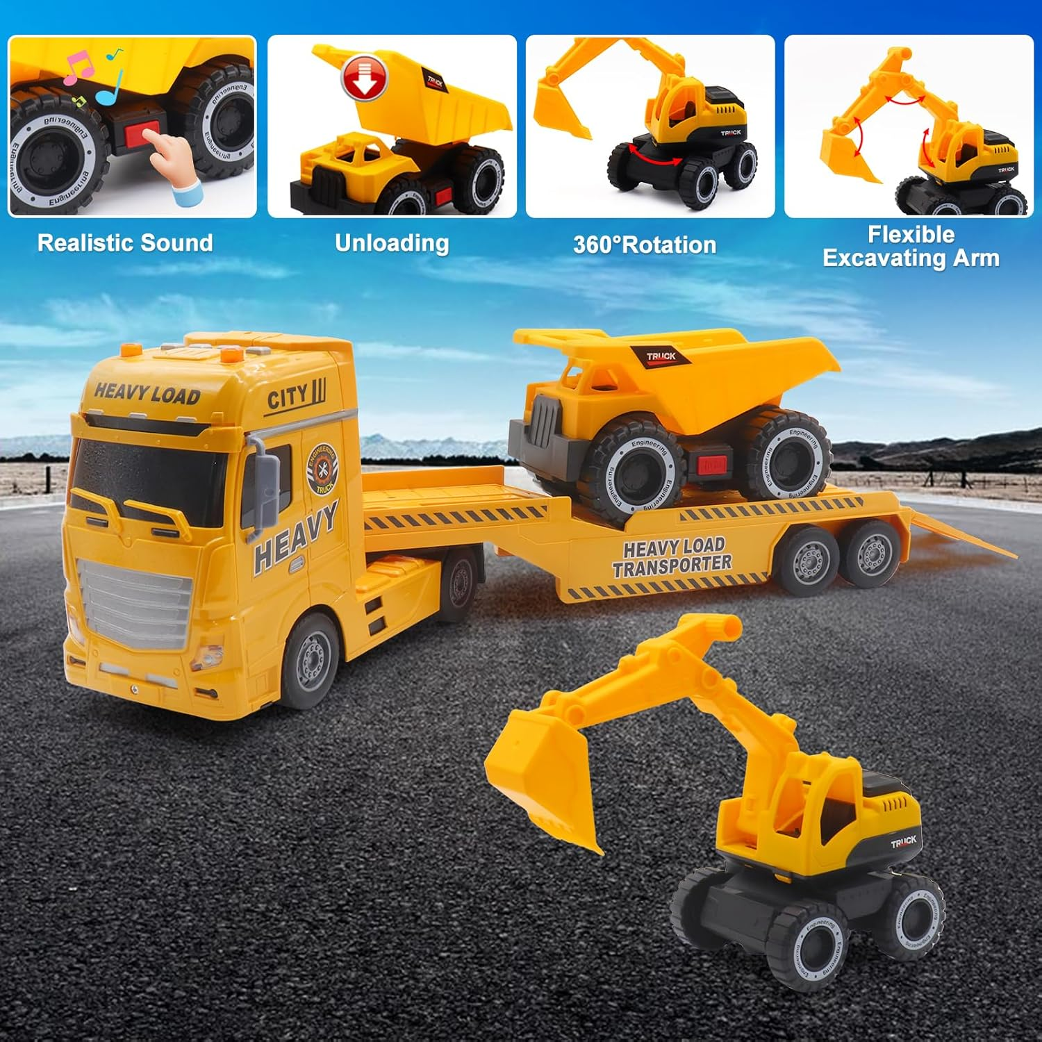 Yiwsnust Large Flatbed Semi Truck Toy for Kids, 25.6'' Construction Carrier Semi Truck with Excavator and Dump Trucks, Friction Powered Flatbed Semi Truck Kids Toy with Light & Sound image number 1