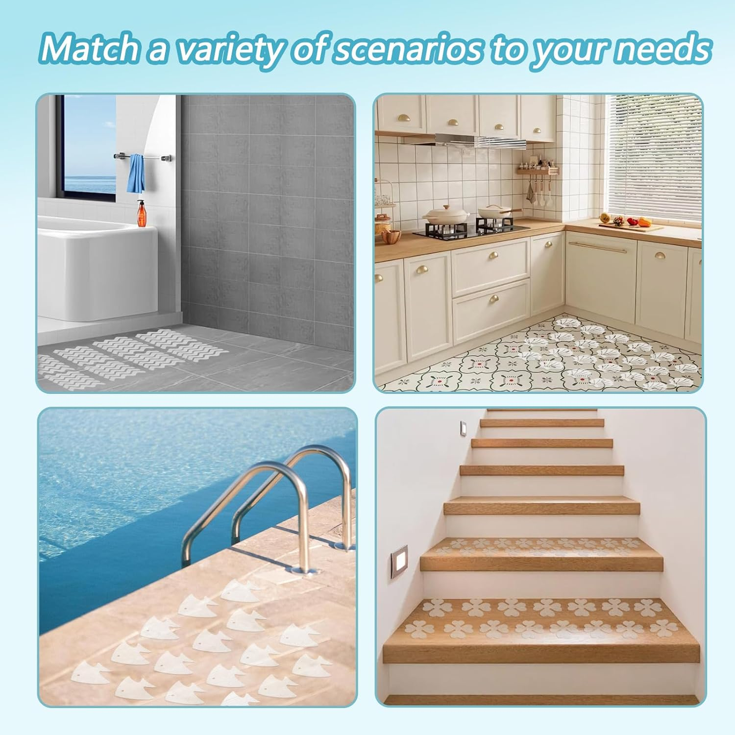 48Pcs Bathtub Stickers Non-Slip, FHDUSRYO anti Slip Shower Stickers, Safety Shower Treads Strips with Scraper, Adhesive Decals Appliques for Bath Tub, Showers Floor, Stairs, Ladders (Blue) - Blue image number 3
