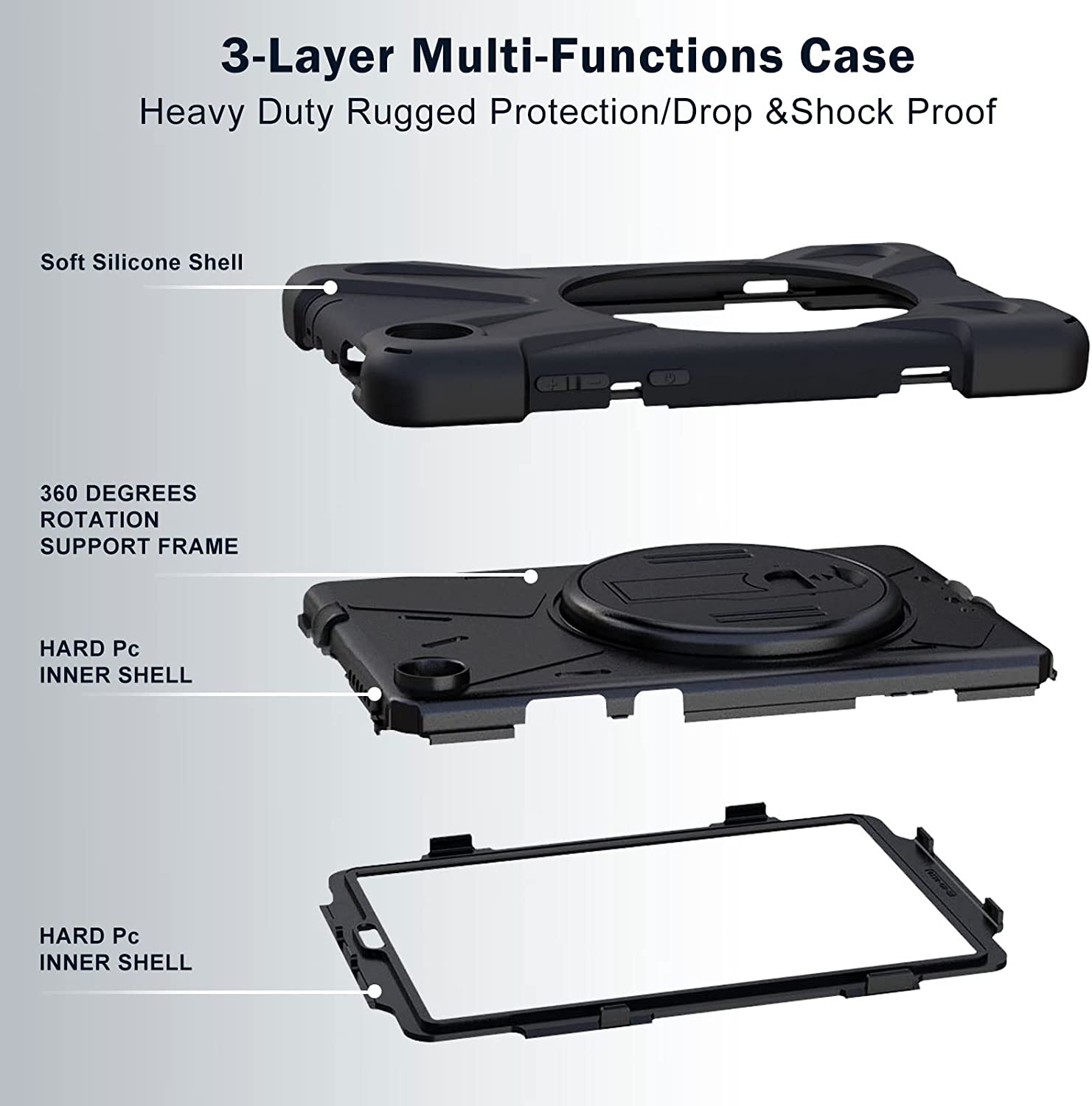 Procase for Lenovo Tab M8 Gen 3 2022 / Smart Tab M8 2022 / HD LTE, Rugged Heavy Duty Shockproof Rotating Kickstand Protective Cover for 8.0 Inch Tablet - Black image number 3