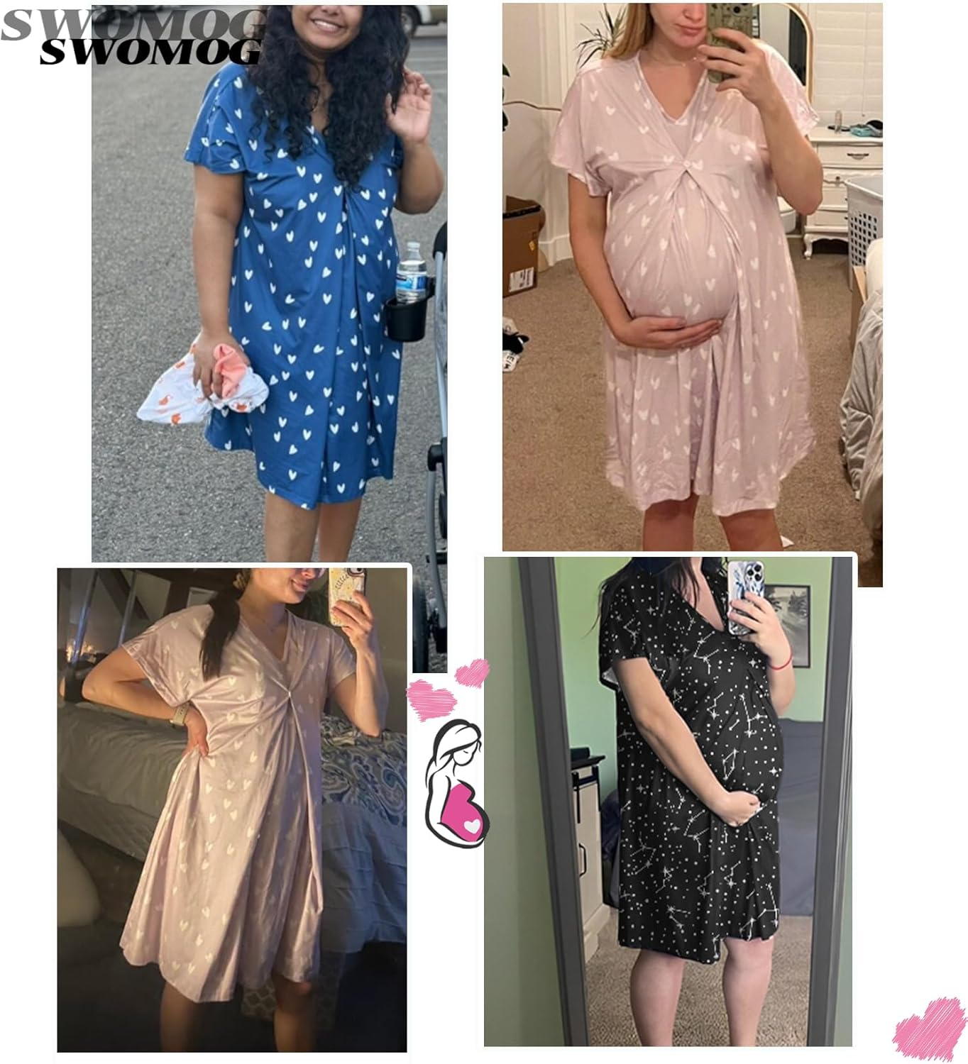 SWOMOG Nursing Nightgown 3 in 1 Labor and Delivery Hospital Gown Maternity Dress Short Sleeve Birthing Robe for Breastfeeding image number 2