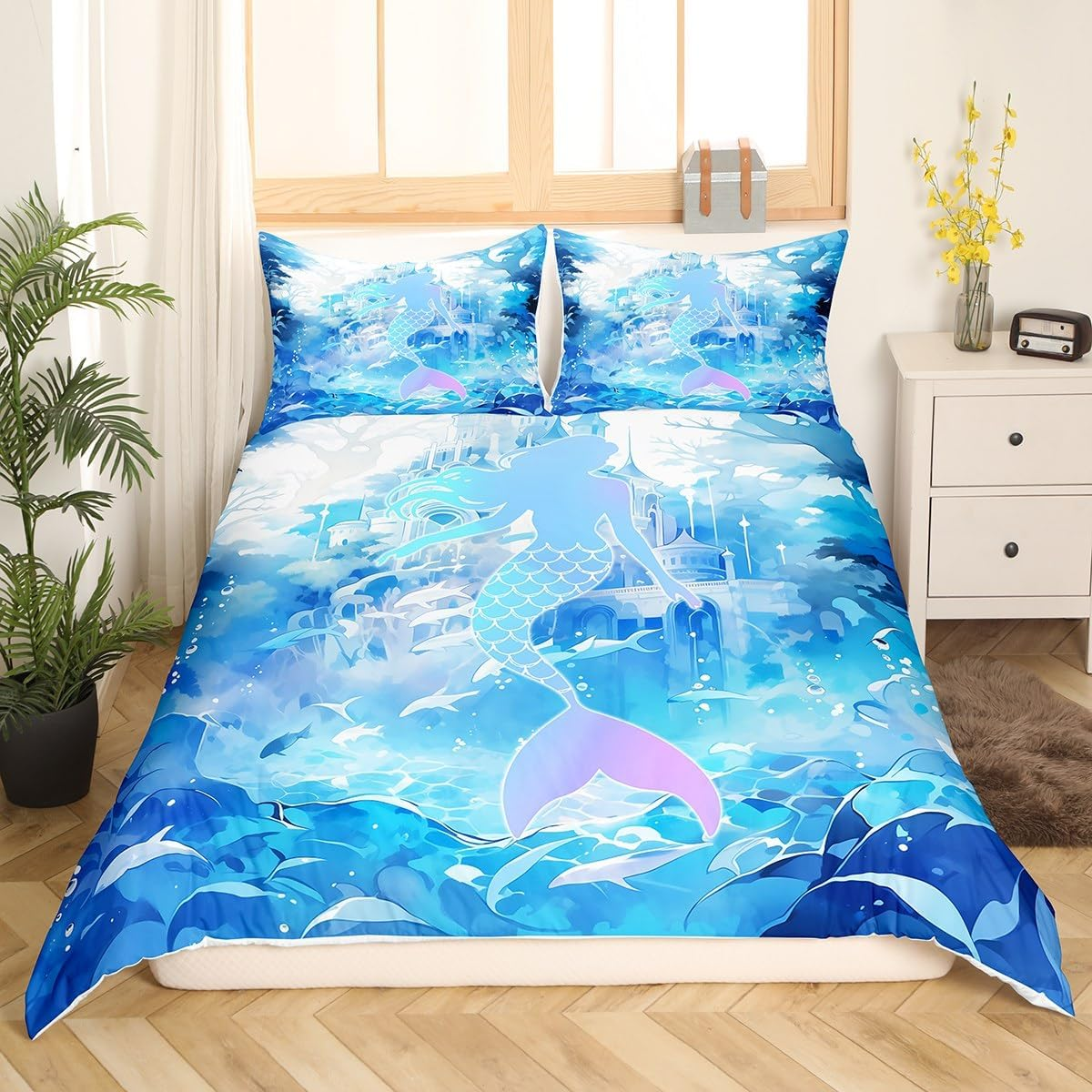 Mermaid Scale Kids Duvet Cover Set Twin Size,Watercolor Fish Castle Plants Bedding Set,Girls Women Room Decor,Cartoon Seaweed Marine Life Comforter Cover,Blue Romantic Quilt Cover,1 Pillowcase image number 1