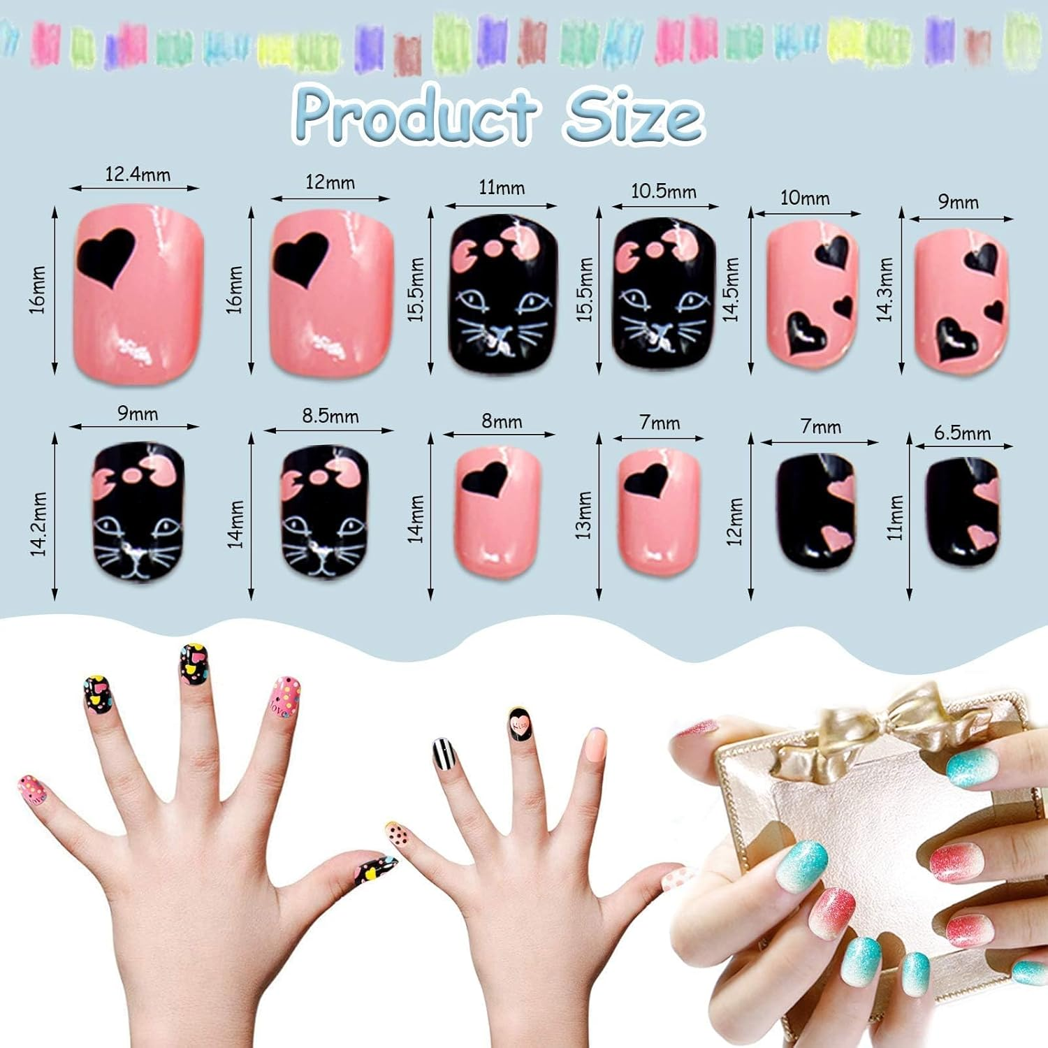 288 Pieces Press on Nails Kids, EBANKU Girls Fake Nail False Nail Tips Pre-Glue Full Cover Candy Pattern Short False Nail Kits with 48PCS Nail Adhesive Tabs for Kids Girls Lovely Gift image number 1