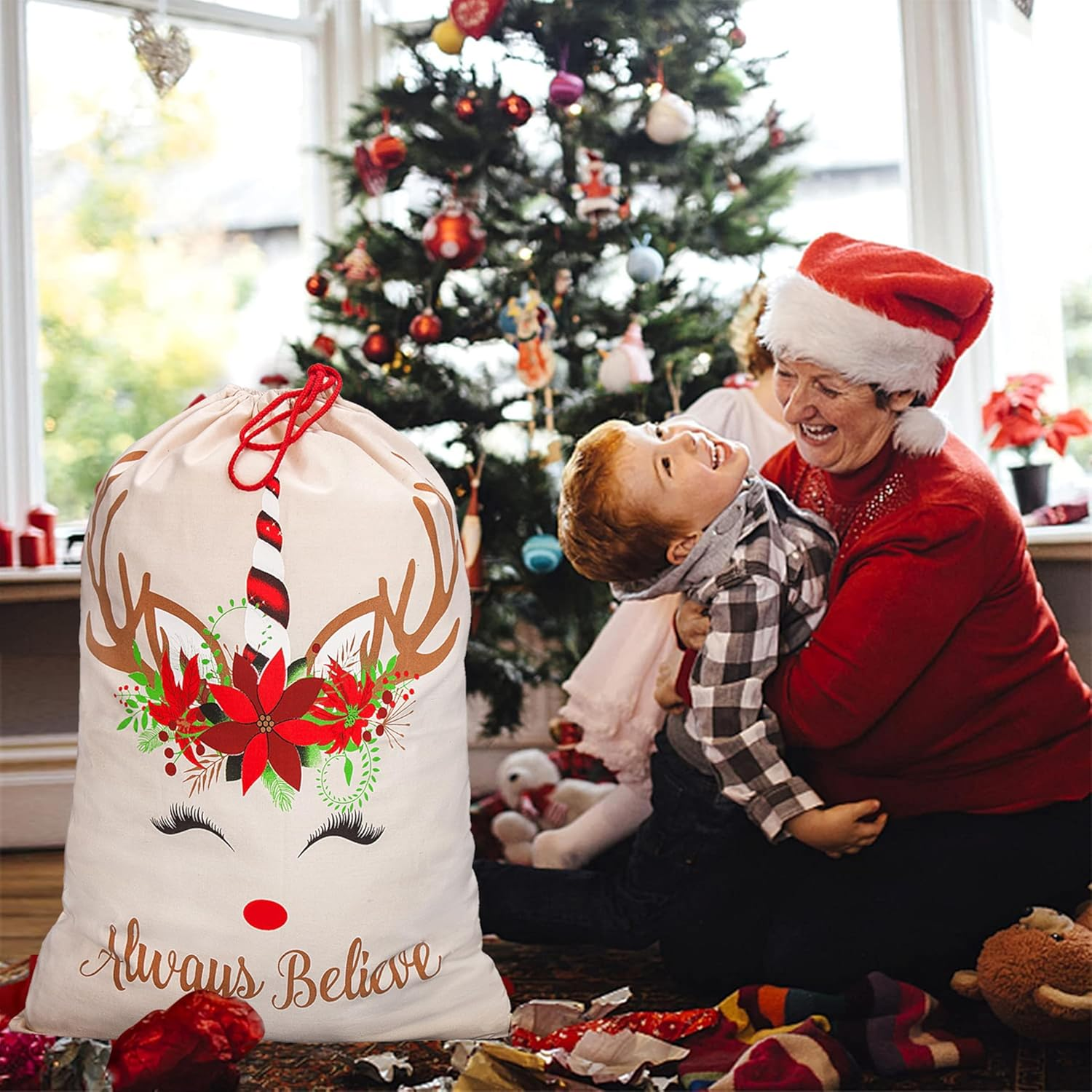 Xinblueco Santa Sack 2 Pack Christmas Unicorn Canvas Santa Bag with Drawstring Xmas Personalized Gift Bag Extra Large Christmas Sacks Size 27.5"X19.5"(Unicorn)