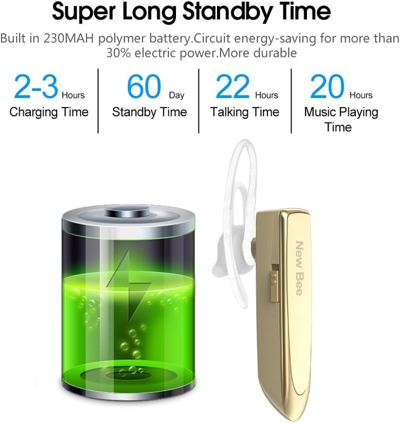 Bluetooth Headset Handsfree Wireless Bluetooth Earpiece New Bee Driving Earphone with Noise Cancelling Microphone 24 Hrs Talk Time Business In-Ear Headphones Earbuds for Apple Iphone X 8 7 6 6S, Samsung Galaxy, HTC, LG, SONY, PC, Laptop (Black) (Gold)