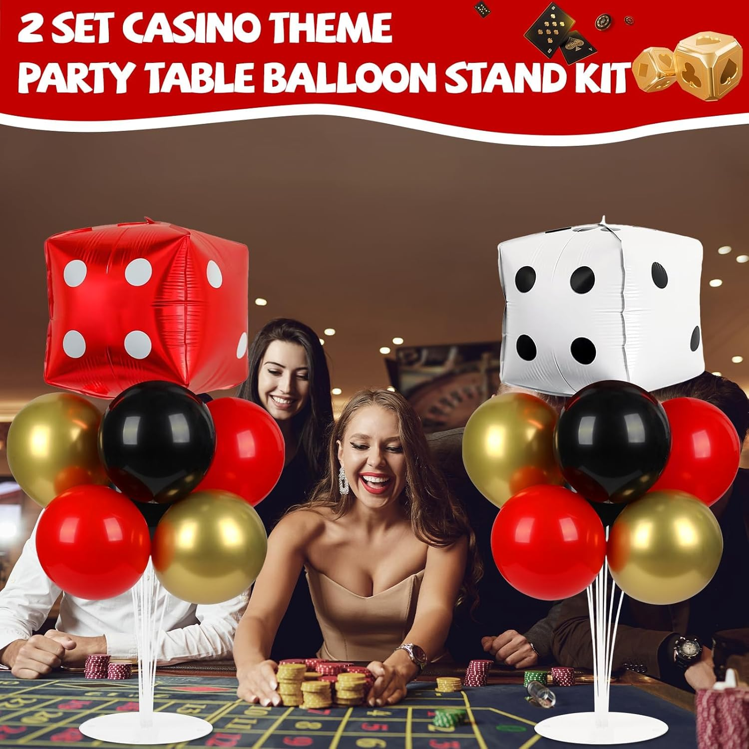 Naozinebi 2 Set Casino Theme Party Balloons Stand Kit with 2 Dice Foil Balloons, Black, Red, White & Gold, Casino Night Party Decoration for Adults, Unisex image number 3