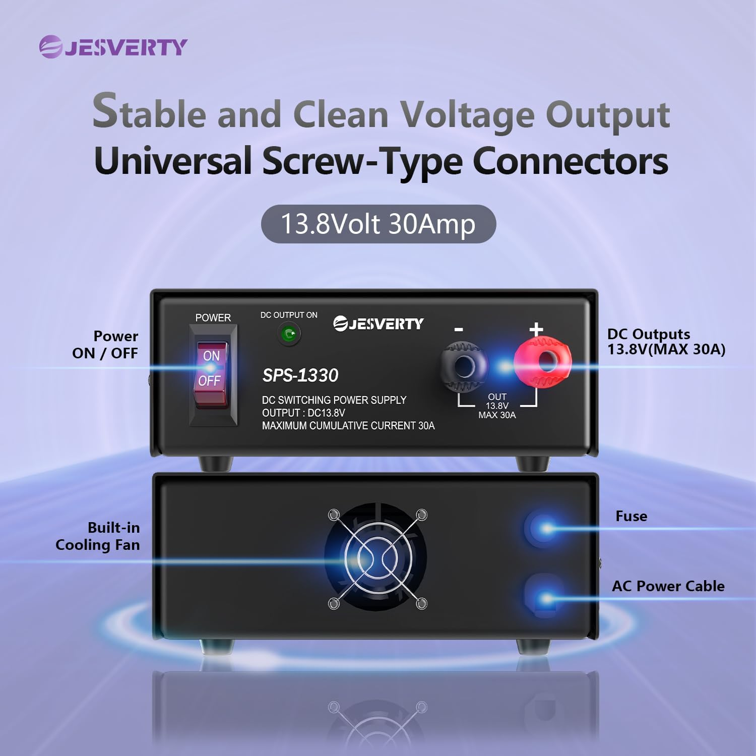 Universal Compact Bench Power Supply- 30 Amp Regulated Home Lab Benchtop Ac-To-Dc Converter 13.8 Volt, Cooling Fan, Screw Type Terminals - Jesverty SPS-1330 image number 3