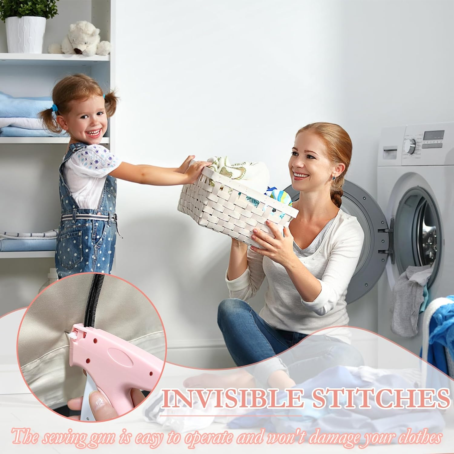 Tagging Gun Kit, Handheld Stitch Fine Stitch Tool Gun Quick Clothing Fixer, Mini Stitch Mending Quilting Gun for Clothes, Includes 5 Replacement Needle, 1500 White & 1500 Black Micro Fasteners (Pink)