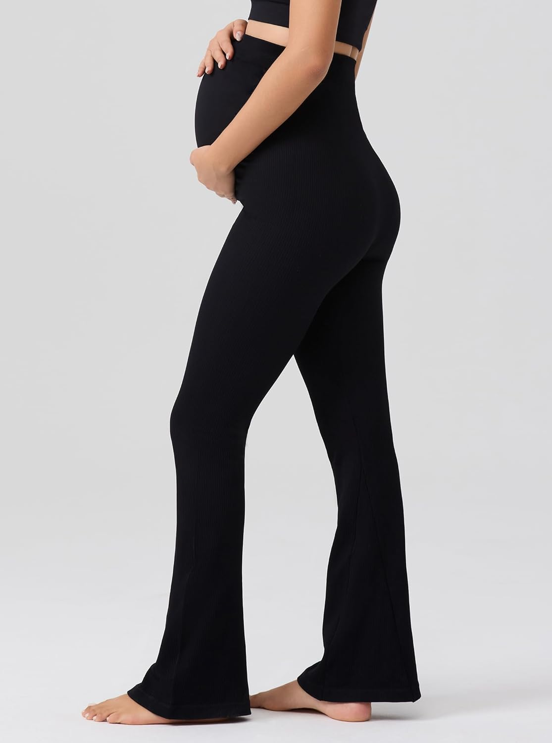 Angelhood Women'S Maternity Flare Leggings over the Belly Ribbed Pregnancy Yoga Leggings Workout Activewear Maternity Pants image number 5