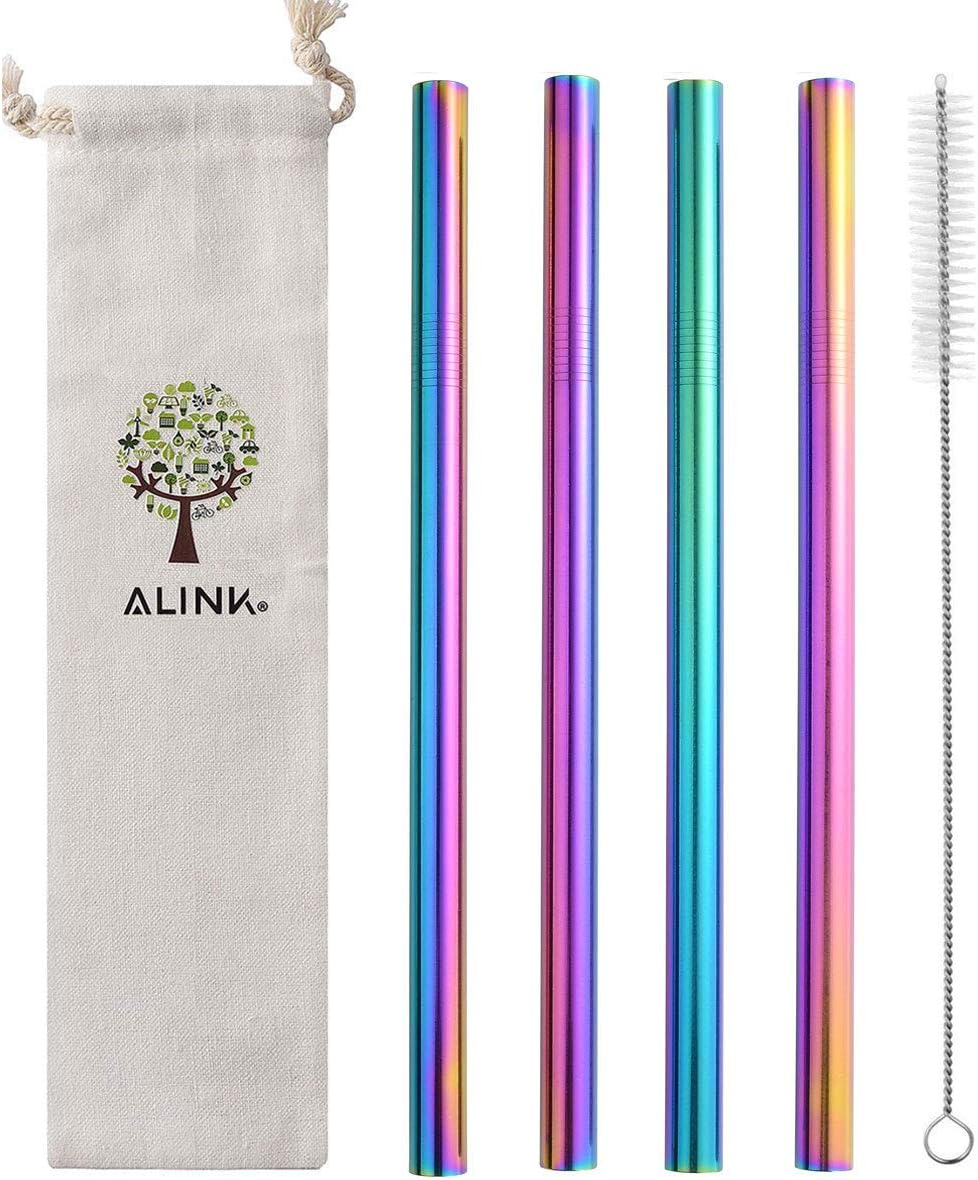 ALINK Stainless Steel Drinking Straws, Extra Wide Long Reusable Fat Boba Metal Smoothie Straws Jumbo, 12 Mm X 9 in Set of 4 with Cleaning Brush & Straw Carrying Case（Rainbow Color） image number 1