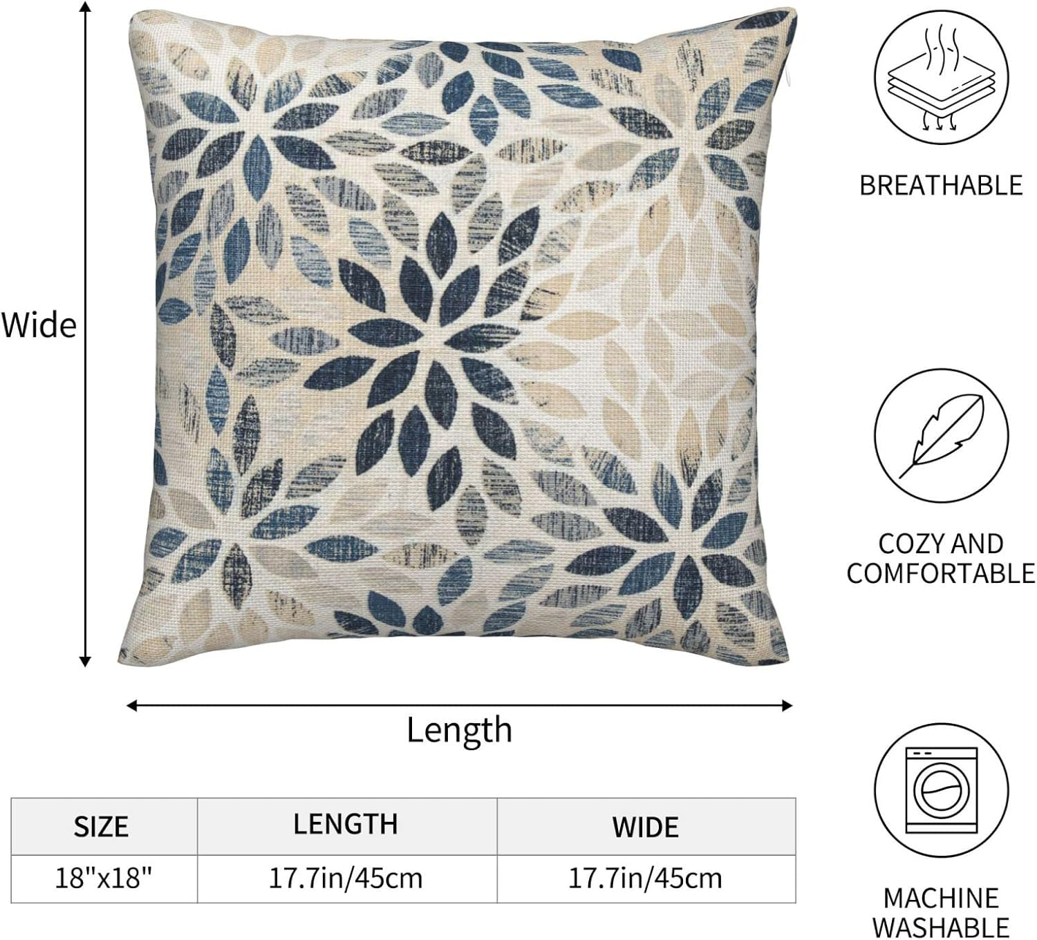 Dahlia Pillow Covers 18X18 Inch Set of 2 Summer Rust Geometric Flower Outdoor Decorative Throw Pillows Farmhouse Navy Blue Pillow Case Linen Square Cushion Cover for Home Sofa Bedroom Living Room image number 6