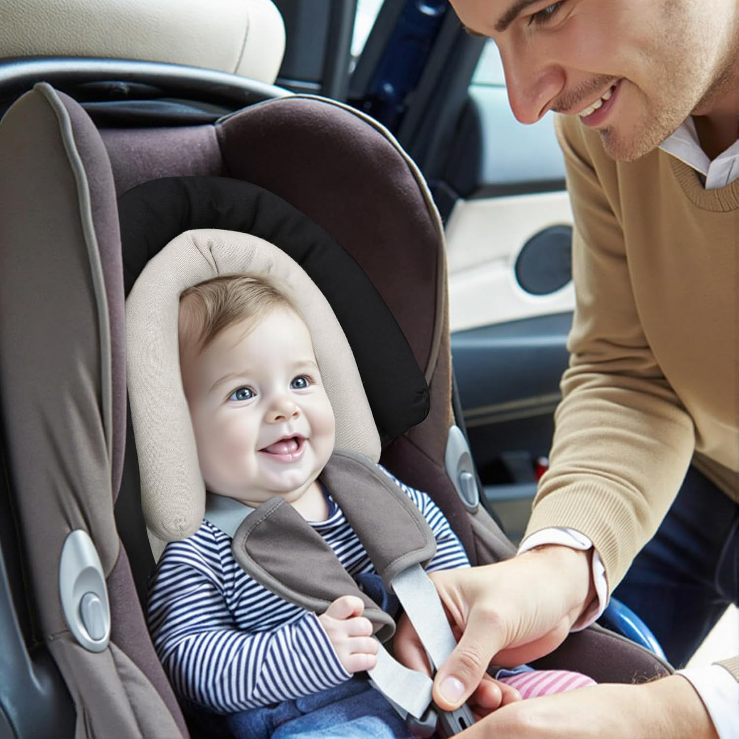 COOLBEBE Upgraded 2-In-1 Head & Body Supports for Newborn Infant - Extra Soft Breathable Car Seat Insert Cushion Pad, Perfect for Carseat, Stroller, Swing, Bouncer Black, CBHS-003B - Pink-Cotton image number 4