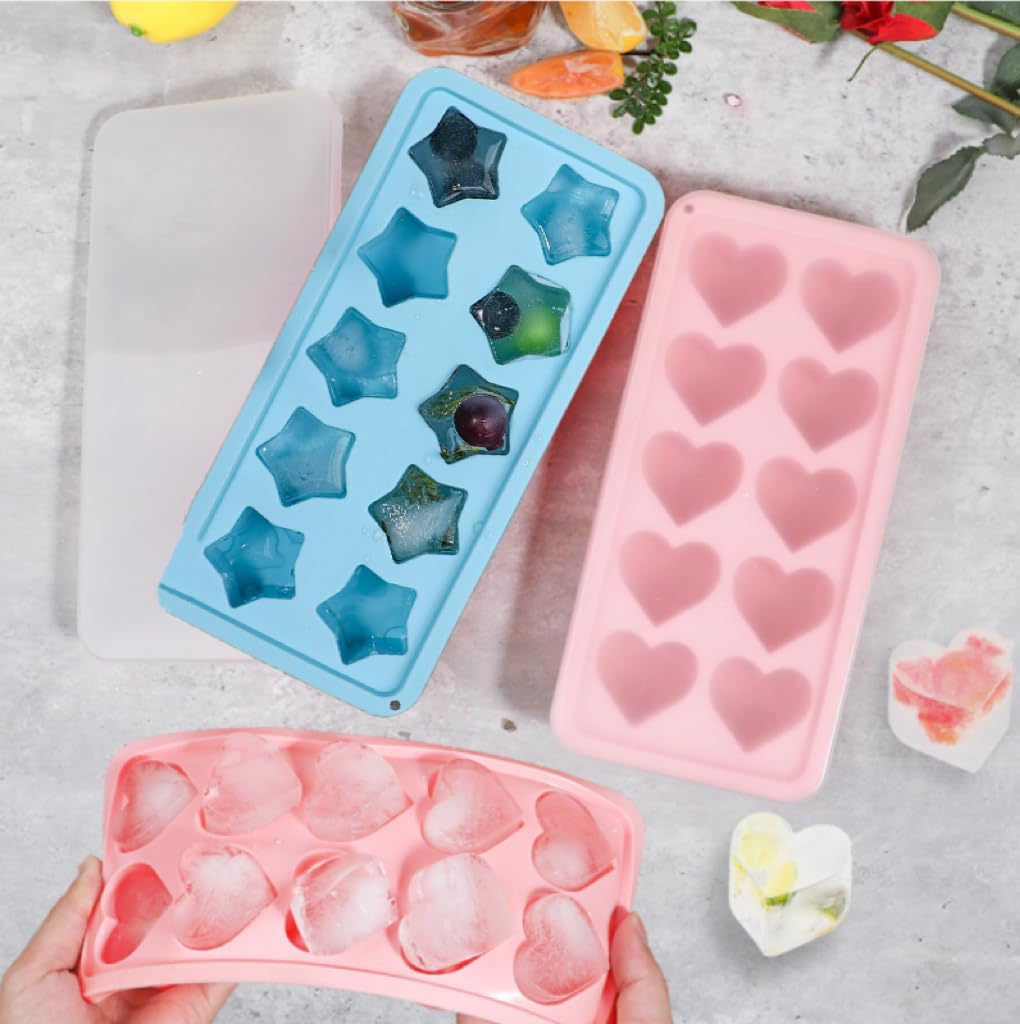 Wady 2 Pcs Ice Cube Tray,Heart Mould Star Shape and Star Shape Ice Cube Tray for Candy, Silicone Ice Cube Traychocolate, Jelly, Cocktails, Juice, Whiskey, Reusable (Pink+Bule) image number 2