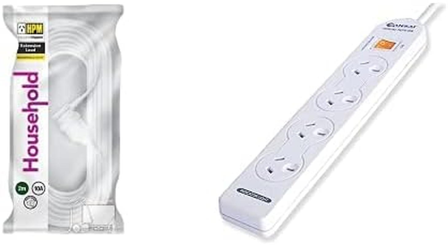 HPM Household Duty Piggy Back Extension Lead White 2M + Sansai 4 Way Powerboard Sockets Splitter Overload Protection/Switch/1M Cord/10A