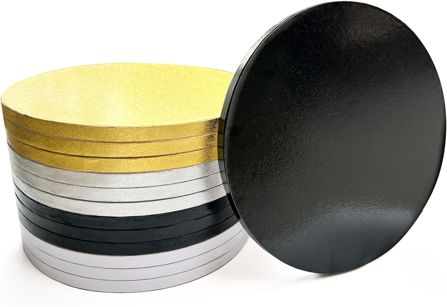 ANSSDO 12 Packs Thick Cake Drums, Greaseproof 12 Inch Assorted round Cake Drum in Gold Black Sliver White Cake Base, Cardboard Cake Boards for Presenting Heavy/Tall Tiered Cakes, Base Para Pastel