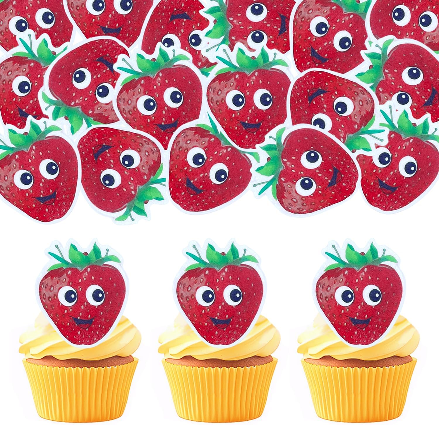 Cartoon Fruit Smiley Cupcake Decoration Card, Edible Wafer Paper Creative Baby Full Moon Bath Birthday Series Theme Party Dress up Plug-In (Strawberry 50Pcs) image number 2