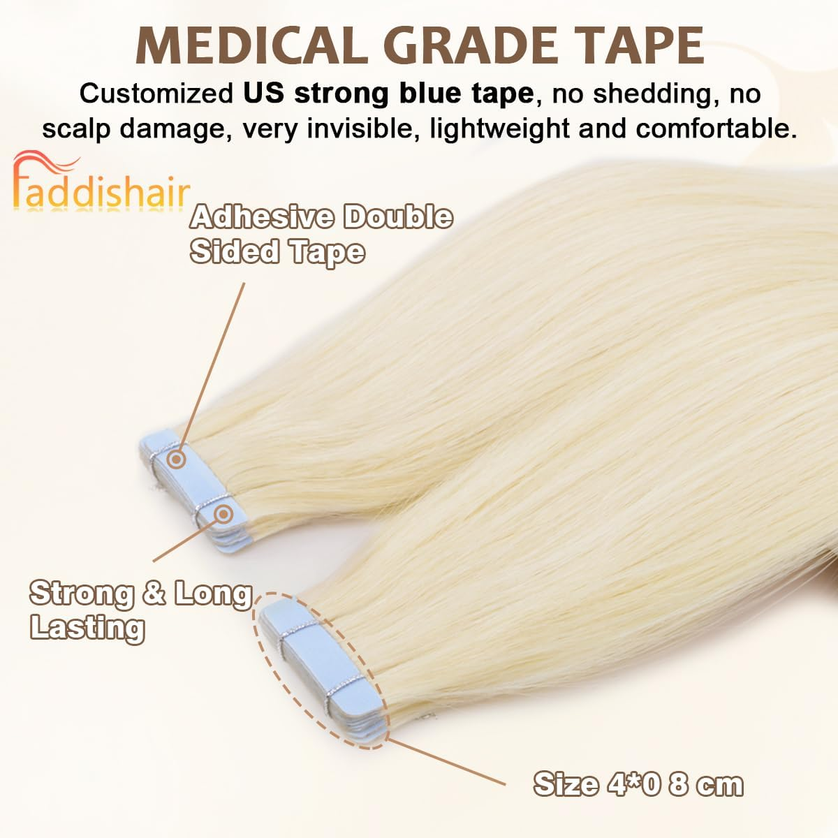 Faddishair Tape in Hair Extensions Human Hair 18 Inch 20Pcs 50Grams Platinum Blonde Remy Human Hair Tape in Extensions Invisible Salon Quality (Platinum Blonde) image number 2