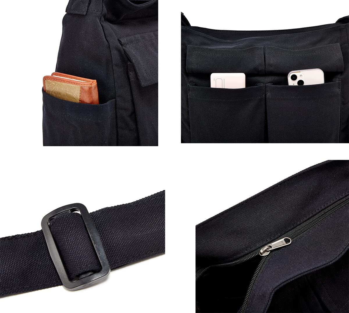 Women Men Crossbody Shoulder Bag Large Hobo Bag with Multiple Pockets Canvas Messenger Tote Bag for Women and Men - Light Khaki image number 7