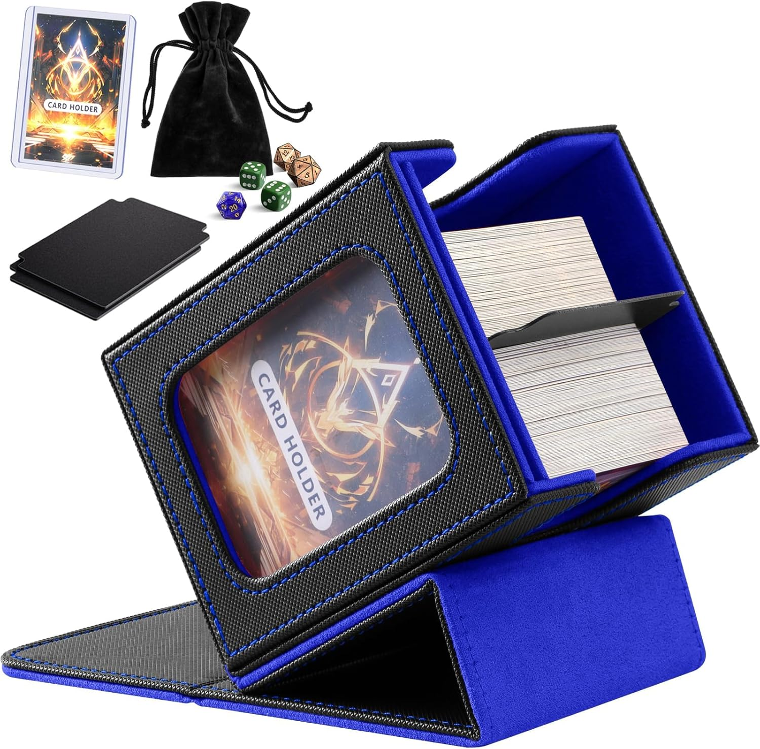 Card Deck Box with Commander Display, Storage Box Holds 100+ Double Sleeved Cards, Game & Sports Case with 2 Dividers, 1 Top Loader and 1 Dice Bag (Red)
